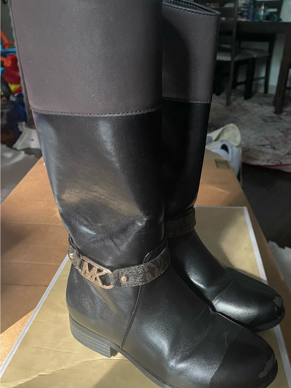 Michael Kors Black Leather Tall Boots with MK Logo Strap